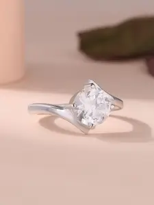 Ornate Jewels 925 Sterling Silver Rhodium-Plated AD-Sone Studded Solitaire Finger Ring