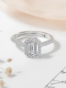 Ornate Jewels 925 Sterling Silver Rhodium-Plated AD-Studded Halo Adjustable Finger Ring