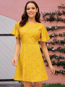 DressBerry Floral Printed Flared Sleeve Crepe Fit and Flare Dress