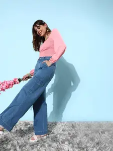 DOLCE CRUDO Women Wide Leg High-Rise Stretchable Cargo Jeans