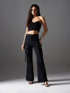 Miss Chase Women Bootcut High-Rise Light Fade Stretchable Cargo Jeans