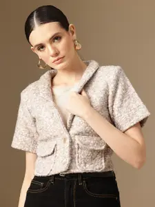 Chemistry Self Design Single-Breasted Woollen Tweed Crop Blazer