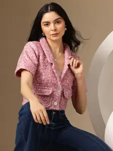 Chemistry Self Design Single-Breasted Woollen Tweed Crop Blazer