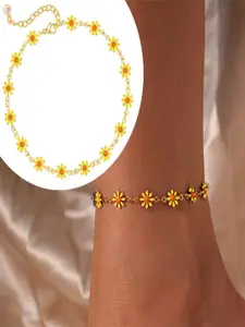 VAMA Gold Plated Layered Yellow Daisy Flower Anklet Bracelet Jewellery Chain Anklets