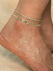 VAMA Women 3 Pcs Gold-Plated AD Stone Leaf Layered Anklets