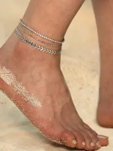 VAMA Set of 3 Pcs Silver Plated Layered Chain Anklet Bracelet Jewellery Anklets