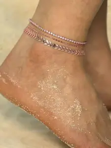 VAMA Women 3 Pcs Gold-Plated AD Stone Leaf Layered Anklets