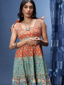 Taavi Floral Printed Square Neck A-Line Sanganeri Pure Cotton Ethnic Dress