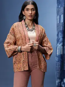 Taavi Kalamkari Floral Printed Shawl Collar Pure Cotton Shrug