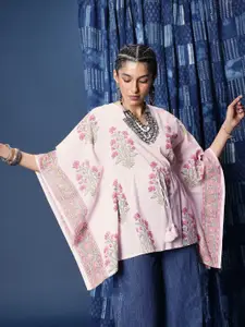 Taavi Floral Printed V-Neck Extended Sleeves Sanganeri Folk Kaftan Short Kurti