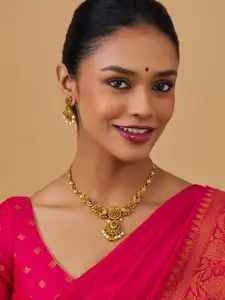 Kushal's Fashion Jewellery Gold-Plated Zircon-Studded & Beaded Antique Necklace & Earrings
