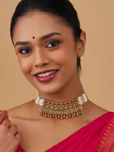 Kushal's Fashion Jewellery Gold-Plated Stone Studded & Beaded Antique Necklace