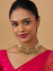 Kushal's Fashion Jewellery Gold-Plated Stone Studded & Beaded Antique Necklace