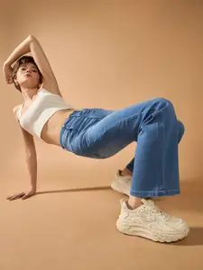 Roadster Women Wide Leg Mid Rise Blast Effect Light Weight Denim Jeans