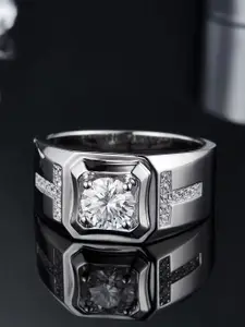 Lila Men Sterling Silver American Diamond Stone Studded Adjustable Finger Ring