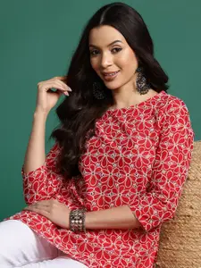 Sangria Floral Embroidered Schiffli Pure Cotton Short Kurti