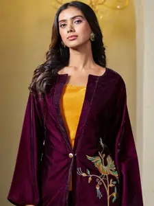 Sangria Embroidered Velvet Crop Top & Trouser With Jacket
