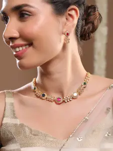 Rubans 22K Gold-Plated Multicolor Stone & Cubic Zirconia Studded Necklace Set with Earring