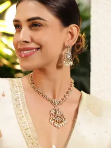 Rubans 22K Gold-Plated White Kundan, Cubic Zirconia Studded Necklace Set with Pearl Beads