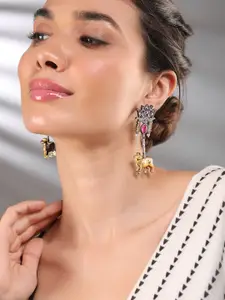 Rubans Dual-Tone Oxidised Lotus Motif Drop Earrings with Pink Stone and Gold Cow Charm