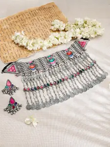 Rubans Oxidised Silver-Plated Multicolour Enamel Crescent Motif Coin Choker Necklace Set