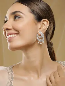 Rubans Rhodium-Plated Cubic Zirconia Studded Statement Crescent Earrings with Pearl Drops