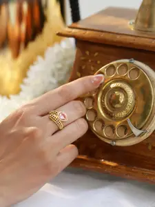 Rubans 18K Gold-Plated Cubic Zirconia Studded Adjustable Finger Ring