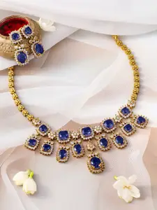 Rubans 22K Gold-Plated Blue Sapphire Stone & Sparkling Cubic Zirconia Studded Necklace Set