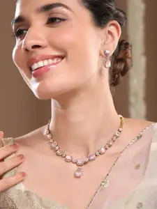 Rubans 22K Gold-Plated Pastel Pink Stone & Cubic Zirconia Studded Necklace Set