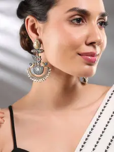 Rubans Dual-Tone Oxidised Silver & Gold Plated Bird Motif Chandbali with Pearl Beaded Drop