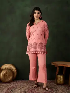 Sangria Peach Floral Self Design Round Neck Three-Quarter Sleeves Top With Trouser