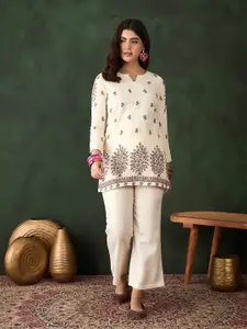 Sangria Peach Floral Self Design Round Neck Three-Quarter Sleeves Top With Trouser