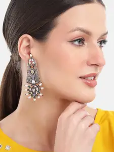 MANSIYAORANGE Rhodium-Plated Floral German Silver Oxidized Drop Earrings