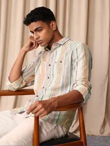 Mr Bowerbird Men Premium Tailored Fit Striped Linen Cotton Casual Shirt