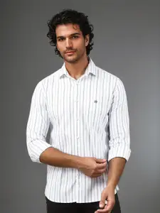 Crimsoune Club Men Classic Spread Collar Vertical Striped Cotton Slim Fit Casual Shirt