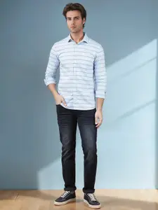 Crimsoune Club Men Classic Spread Collar Horizontal Striped Cotton Slim Fit Casual Shirt