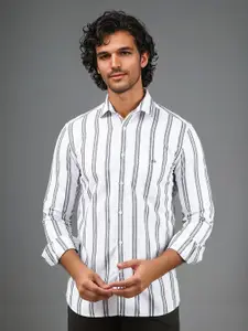 Crimsoune Club Men Classic Spread Collar Vertical Striped Cotton Slim Fit Casual Shirt