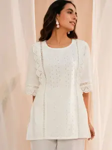 Libas Geometric Embroidered Flared Sleeves Thread Work Pure Cotton Thread Work Kurti