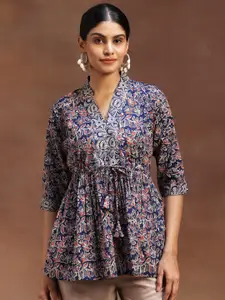 Libas Floral Printed V-Neck Pure Cotton Pleated Kurti
