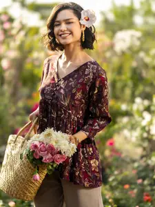 Libas Floral Printed V-Neck Pleated Kurti