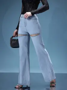 bebe Women Blue Babe Forever Embellished Wide Leg High-Rise Jeans