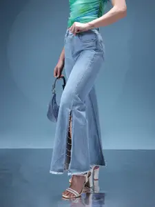bebe Women Denim Daze Beaded High-Rise Wide Leg Jeans with High Slits