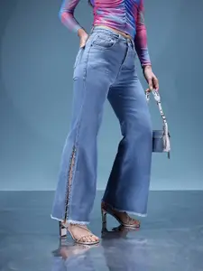 bebe Women Denim Daze Beaded High-Rise Wide Leg Jeans with High Slits