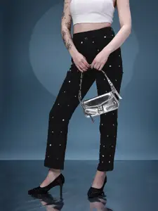 bebe Women Denim Daze Stones Studded Mid-Rise Straight Fit Stretchable Jeans