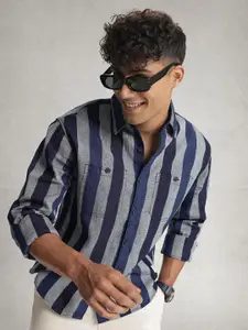 WROGN Striped Pure Cotton Drop-Shoulder Sleeves Comfort Fit Casual Shirt