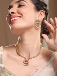 Rubans 22K Gold-Plated Ruby & Cubic Zirconia Traditional Necklace Set with Pearl Drops