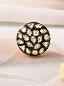 Rubans 18K Gold-Plated Black Enamelled and White Kundan Adjustable Ring with Round Design
