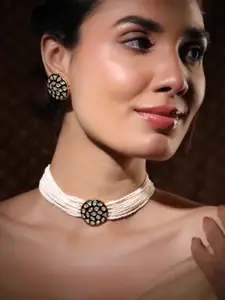 Rubans Multi-Layered Pearl Beaded Kundan Studded Choker Necklace Set with Round Design