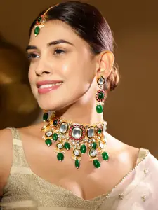Rubans 24K Gold-Plated Kundan & Green Beaded Choker Necklace Set with Red Stone Accents