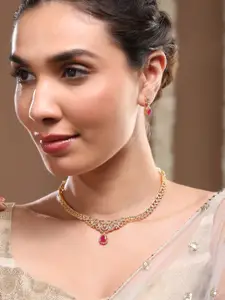 Rubans 22K Gold-Plated Ruby Red & Cubic Zirconia Studded Traditional Necklace Set